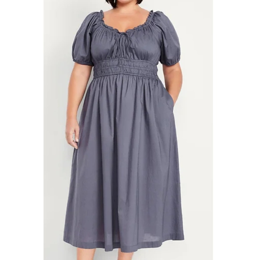 Old‎ Navy Fit & Flare Puff Sleeve Midi Dress Womens 2X Blue Grey Smocked Boho